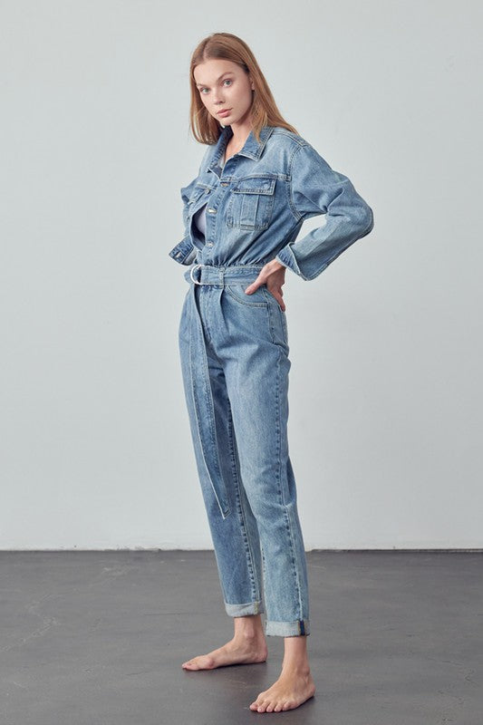 Denim Lab USA Belted Collared Button Front Denim Jumpsuit