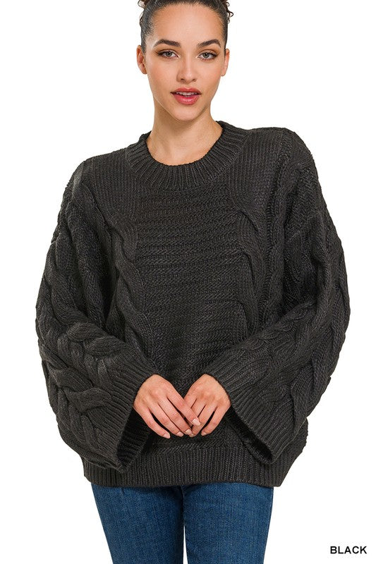 ZENANA Oversized Bell Sleeve Cable Knit Sweater