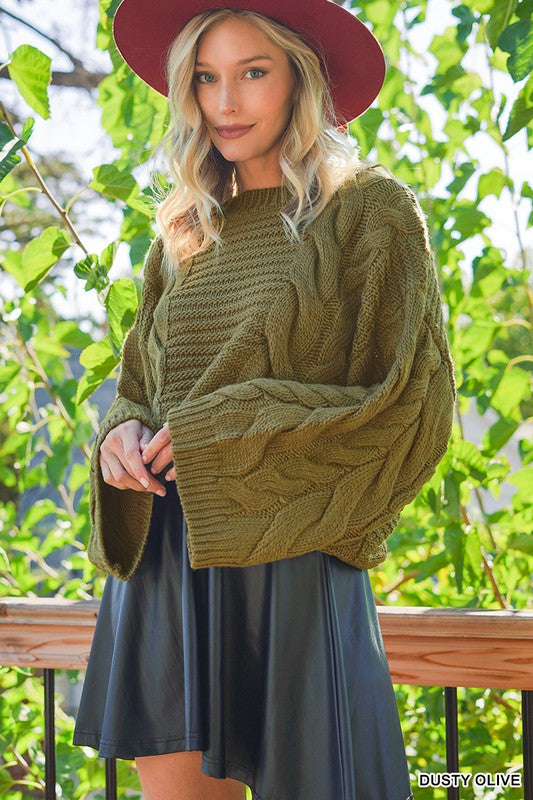 ZENANA Oversized Bell Sleeve Cable Knit Sweater