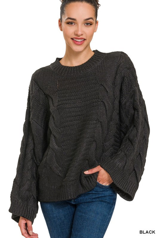 ZENANA Oversized Bell Sleeve Cable Knit Sweater