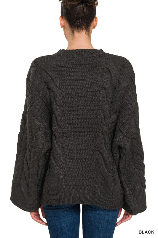 ZENANA Oversized Bell Sleeve Cable Knit Sweater