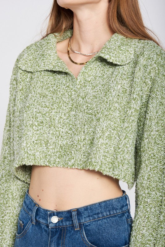 Emory Park LONG SLEEVE COLLARED CROP TOP