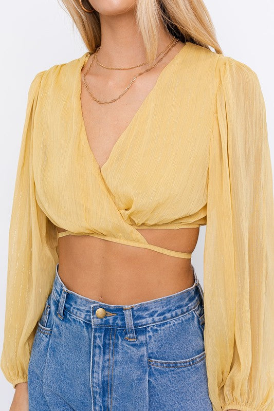 LE LIS Balloon Long Sleeve Criss Cross Crop Top