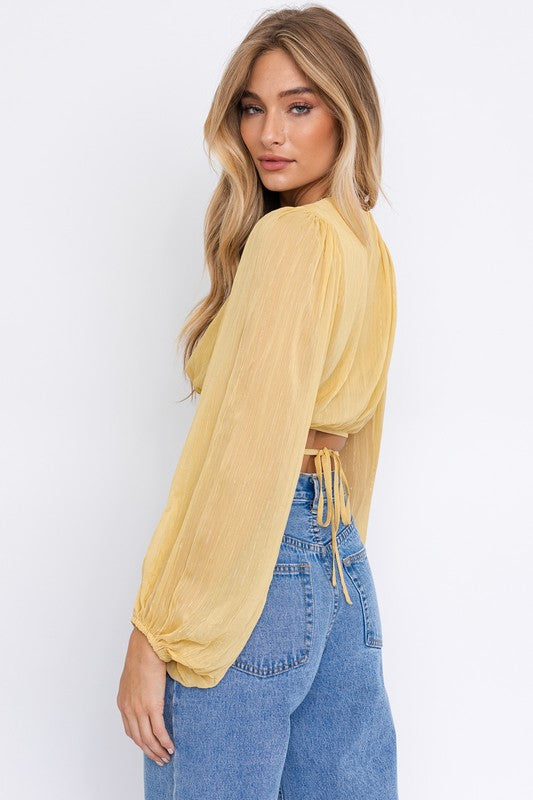 LE LIS Balloon Long Sleeve Criss Cross Crop Top