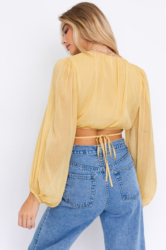 LE LIS Balloon Long Sleeve Criss Cross Crop Top