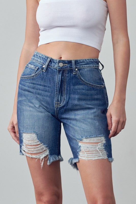 Denim Lab USA High Rise Ripped Bermuda Denim Shorts