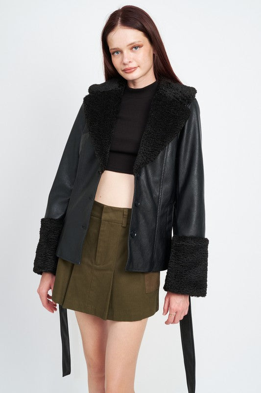 Load image into Gallery viewer, Emory Park BELTED FAUX LEATHER SHEARING TRIMMED JACKET
