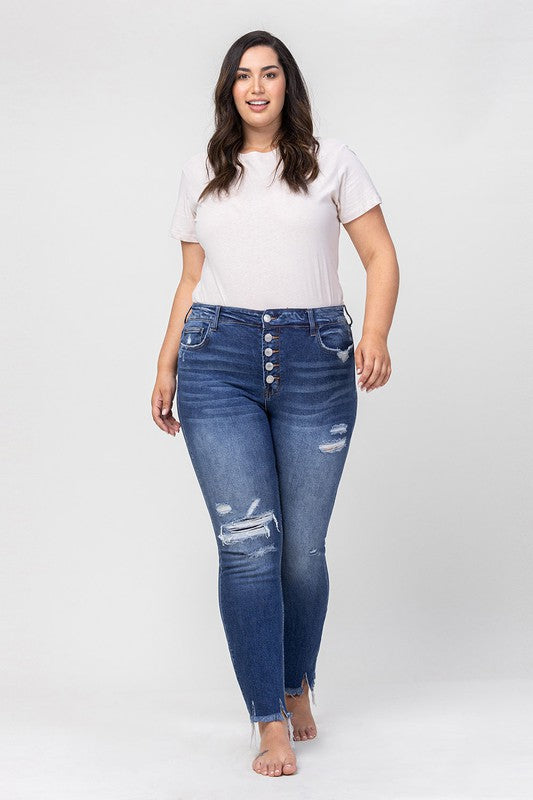 Load image into Gallery viewer, VERVET by Flying Monkey PLUS High Rise Patched Button Up Distressed Skinny Jeans PARKSIDE
