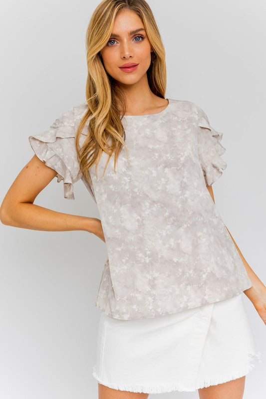 Gilli S/S Overlap Ruffle Sleeve Ditsy Print Top