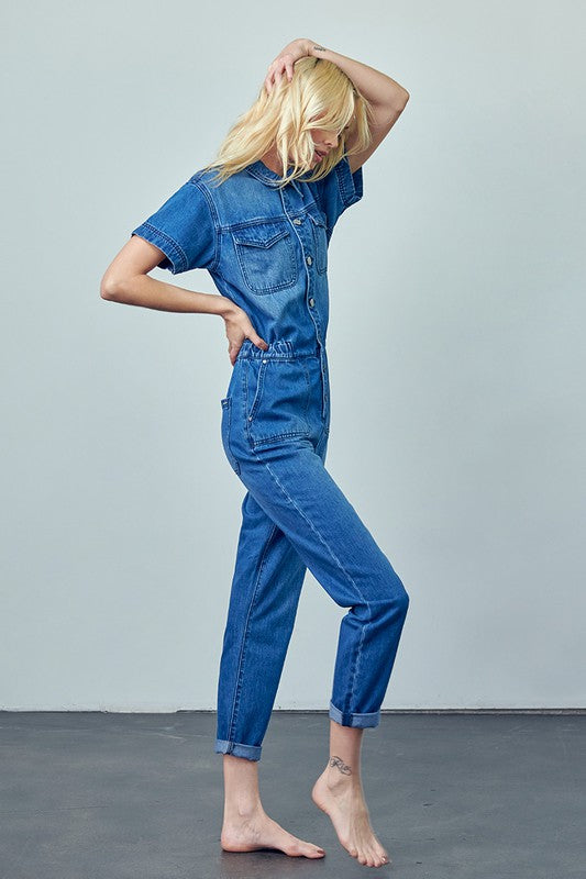 Denim Lab USA Collared Button Front Denim Jumpsuit