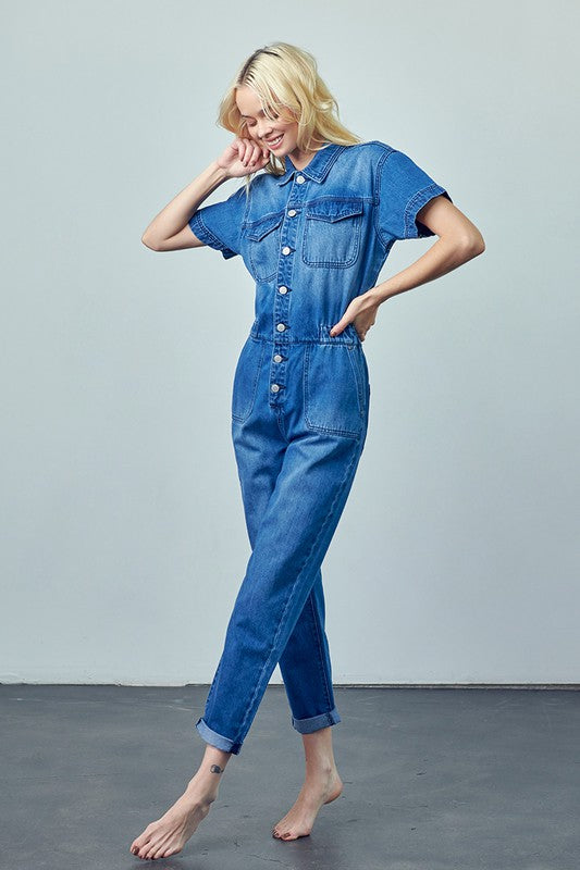 Denim Lab USA Collared Button Front Denim Jumpsuit