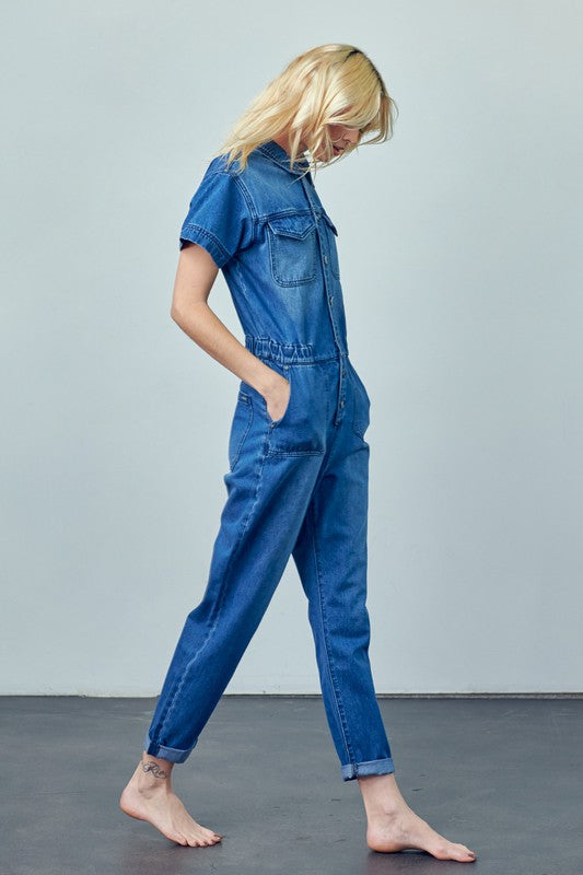 Denim Lab USA Collared Button Front Denim Jumpsuit