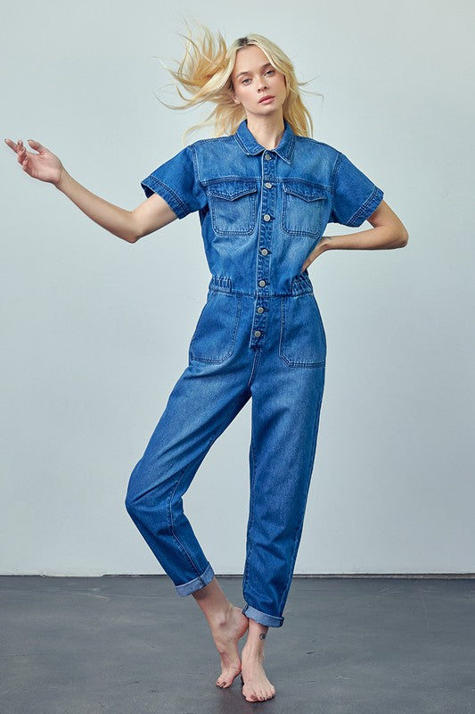 Denim Lab USA Collared Button Front Denim Jumpsuit