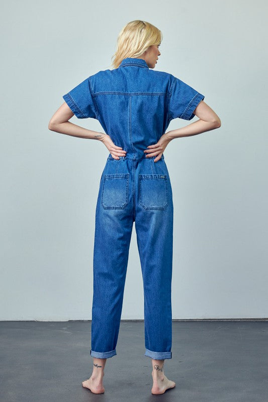 Denim Lab USA Collared Button Front Denim Jumpsuit