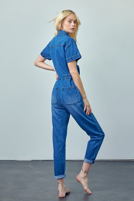 Denim Lab USA Collared Button Front Denim Jumpsuit