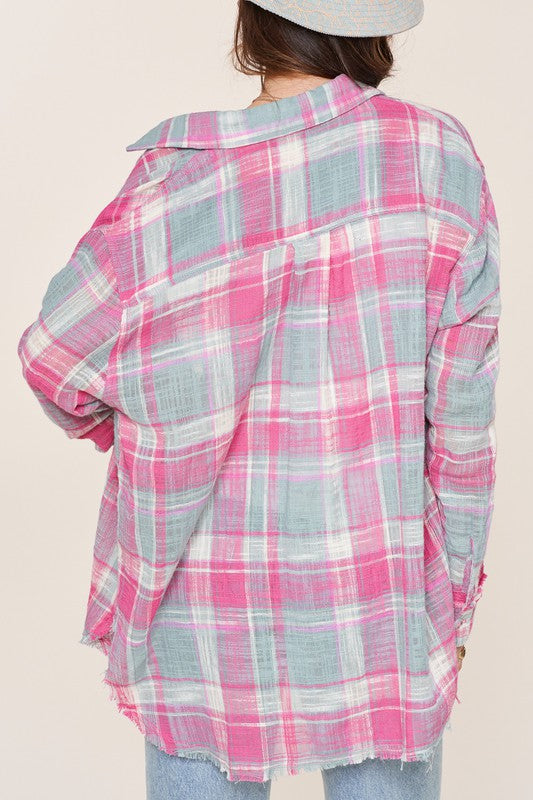 La Miel Peony Plaid Button Down Top