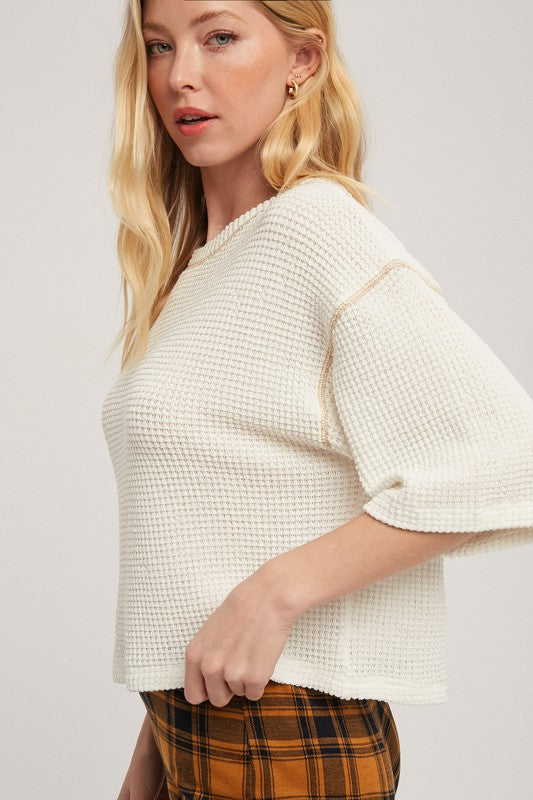 Aemi + Co Tallulah Textured Elbow Sleeve Boxy Crop Top