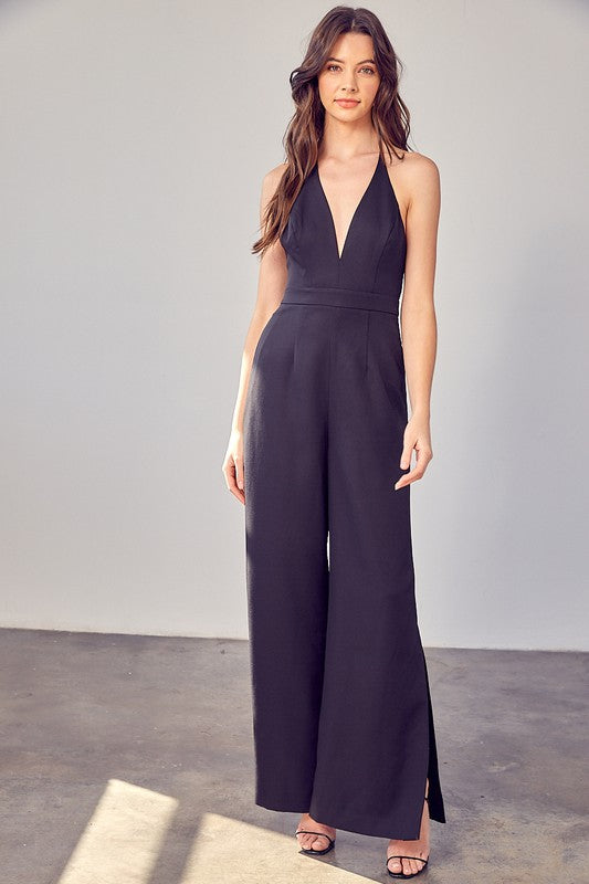 Load image into Gallery viewer, Do + Be Collection Junior Deep V-Neck Wide Leg Jumpsuit
