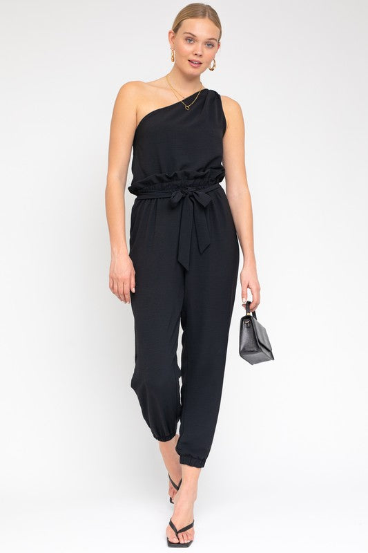 Gilli Sleeveless One Shoulder Waist Tie Jumpsuit