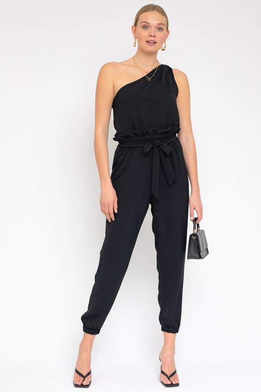 Gilli Sleeveless One Shoulder Waist Tie Jumpsuit