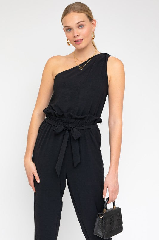 Gilli Sleeveless One Shoulder Waist Tie Jumpsuit