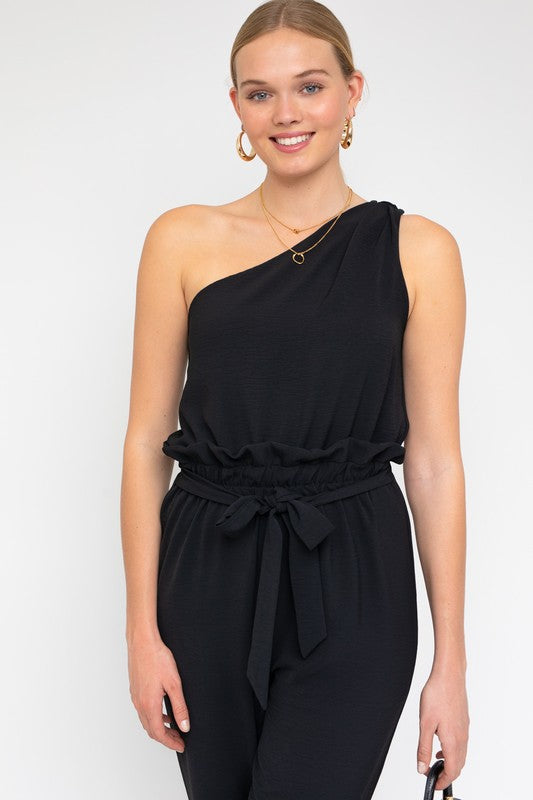 Gilli Sleeveless One Shoulder Waist Tie Jumpsuit