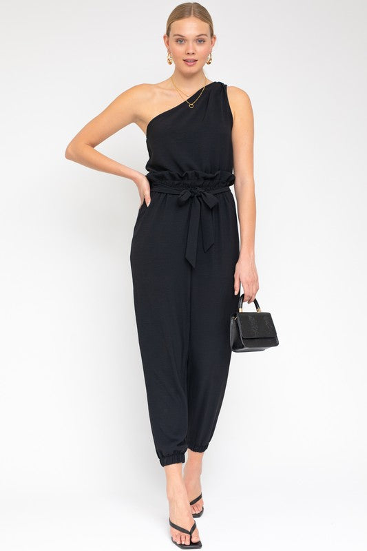 Gilli Sleeveless One Shoulder Waist Tie Jumpsuit