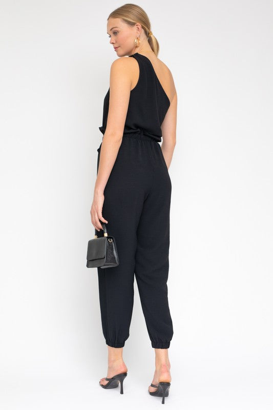 Gilli Sleeveless One Shoulder Waist Tie Jumpsuit