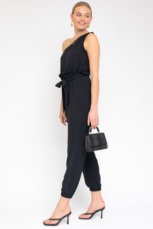 Gilli Sleeveless One Shoulder Waist Tie Jumpsuit