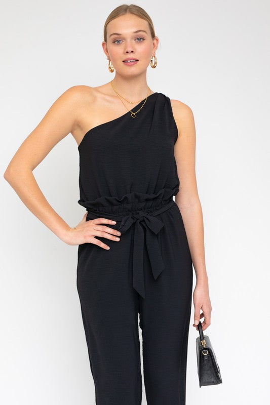 Gilli Sleeveless One Shoulder Waist Tie Jumpsuit