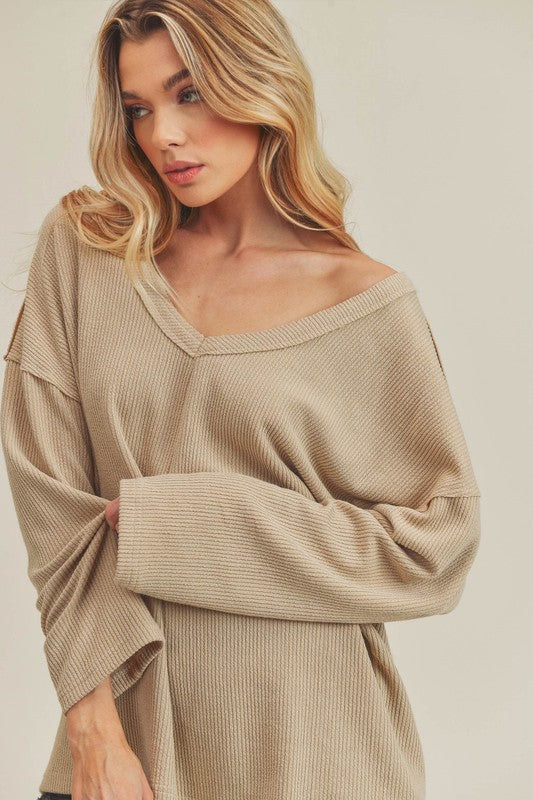 Aemi + Co Casey Wide V-Neck Ribbed Knit Top