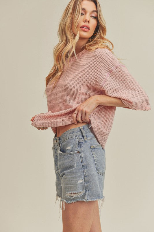 Aemi + Co Tallulah Textured Elbow Sleeve Boxy Crop Top