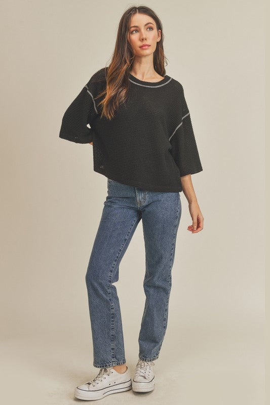 Aemi + Co Tallulah Textured Elbow Sleeve Boxy Crop Top