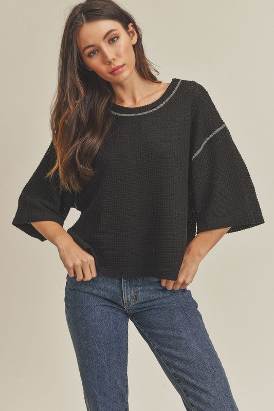 Aemi + Co Tallulah Textured Elbow Sleeve Boxy Crop Top