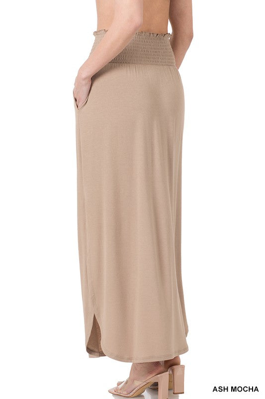 ZENANA Smocked Waist Side Slit Maxi Skirt with Pockets