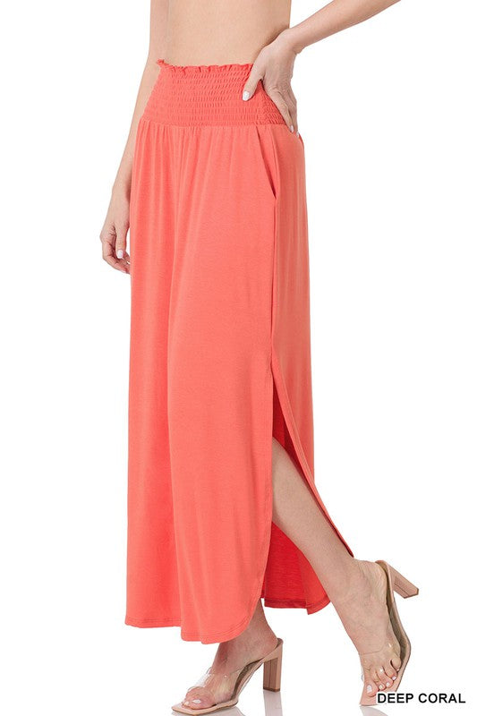 ZENANA Smocked Waist Side Slit Maxi Skirt with Pockets