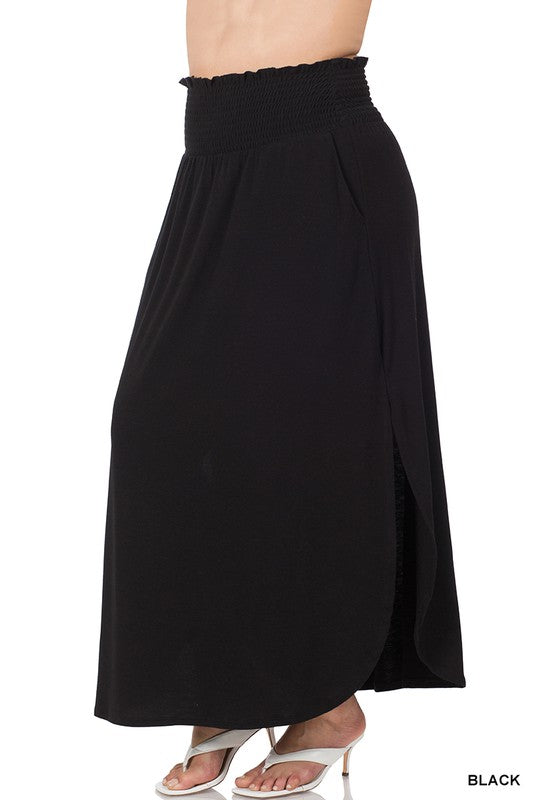 ZENANA Plus Smocked Waist Side Slit Maxi Skirt w/ Pockets