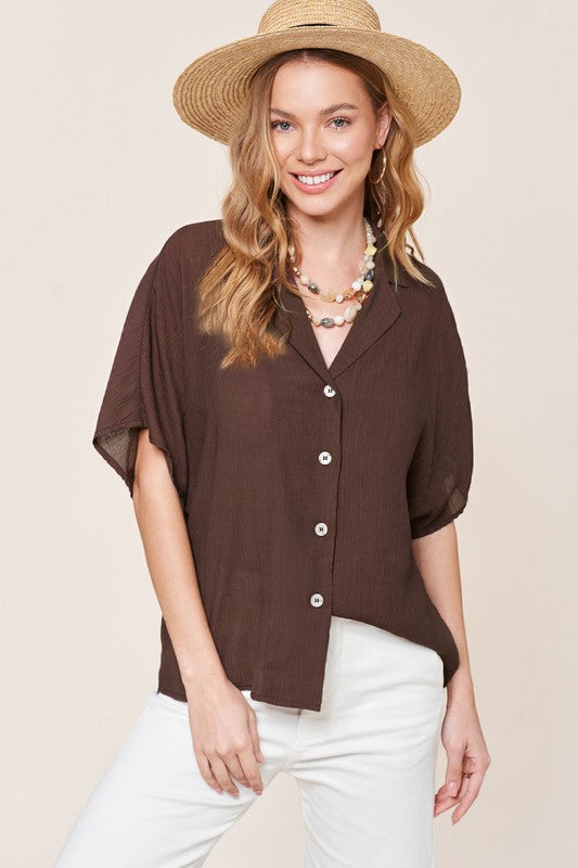 La Miel Zoey Button Down V Neck Top