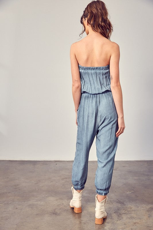 Load image into Gallery viewer, Mustard Seed Raw Edge Detail Tube Jumpsuit
