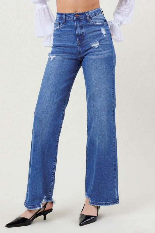 Vibrant M.i.U HIGH RISE WIDE LEG JEANS W DISTRESSED HEM DETAIL