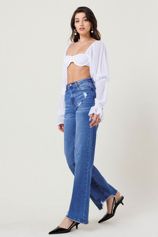 Vibrant M.i.U HIGH RISE WIDE LEG JEANS W DISTRESSED HEM DETAIL