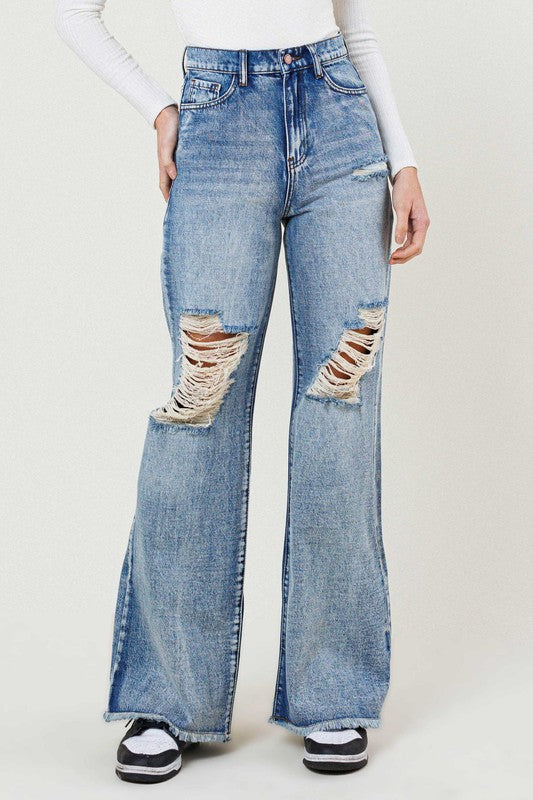 HIGH RISE WIDE LEG RIPPED JEANS