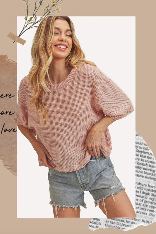 Aemi + Co Tallulah Textured Elbow Sleeve Boxy Crop Top