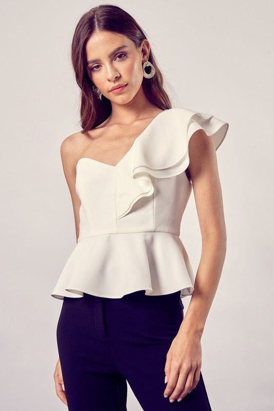 Do + Be Collection Junior One Shoulder Ruffle Peplum Top