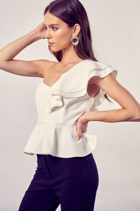 Do + Be Collection Junior One Shoulder Ruffle Peplum Top