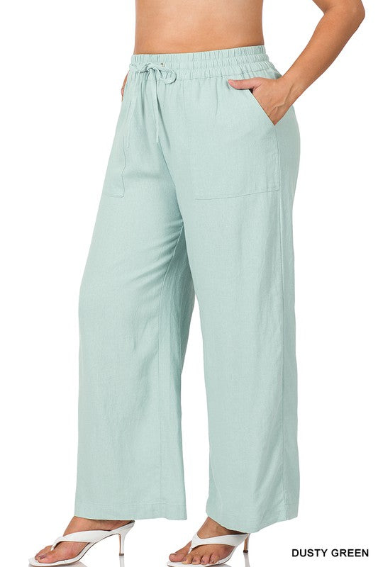 ZENANA Plus Linen Drawstring-Waist Pants with Pockets