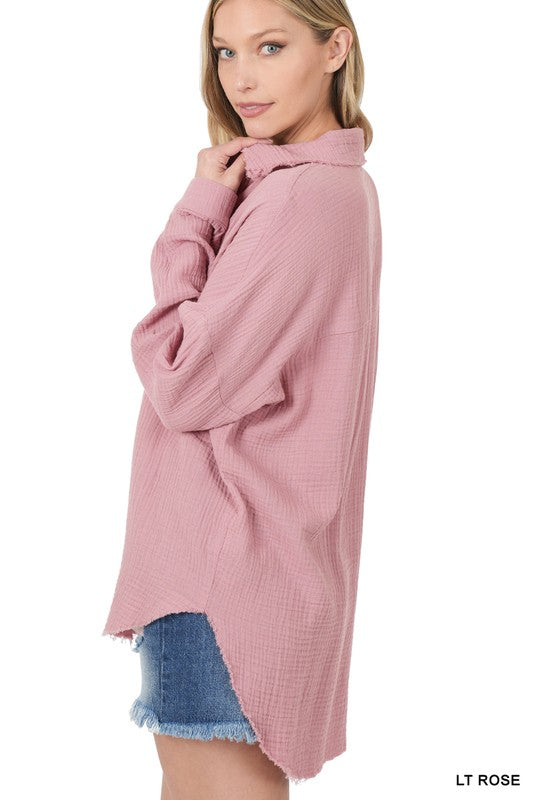 ZENANA Oversized Raw Edge Shirt