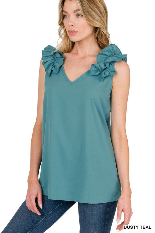 ZENANA Woven Wool Dobby Ruffle Trim Sleeveless Top