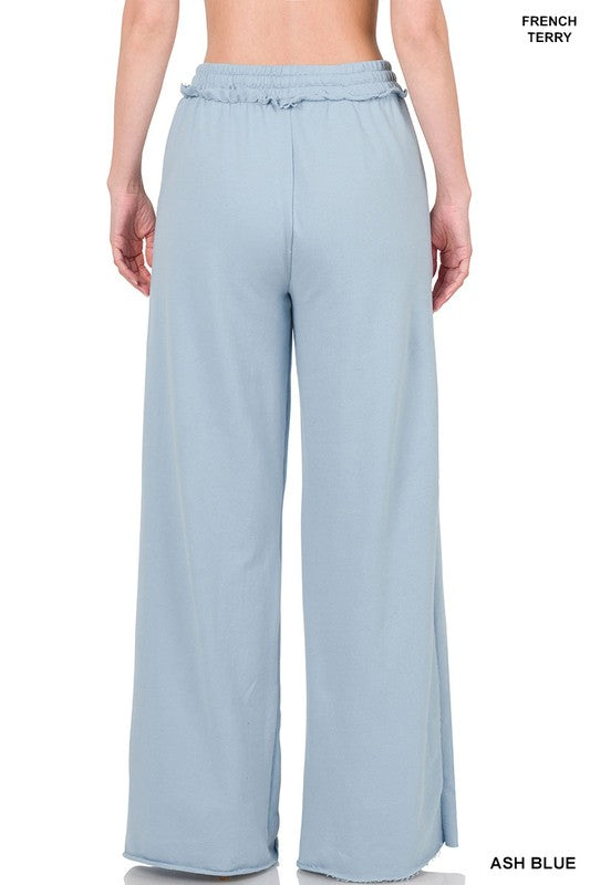 ZENANA French Terry Drawstring Waist Raw Edge Hem Pants