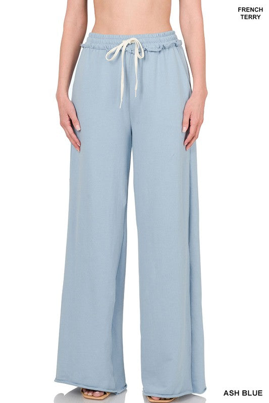 ZENANA French Terry Drawstring Waist Raw Edge Hem Pants